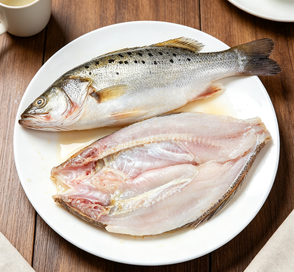 Whole and filleted sea bass, fresh presentation