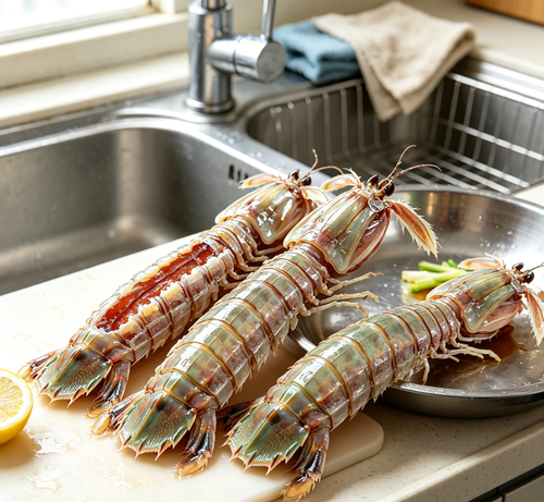 Fresh mantis shrimp with orange and green shells
