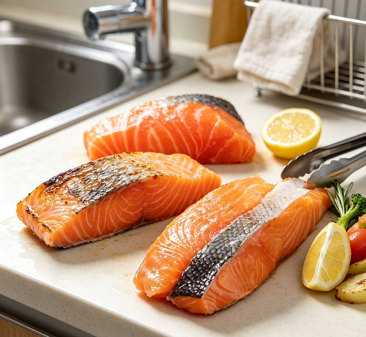 Salmon fillets arranged as a meal