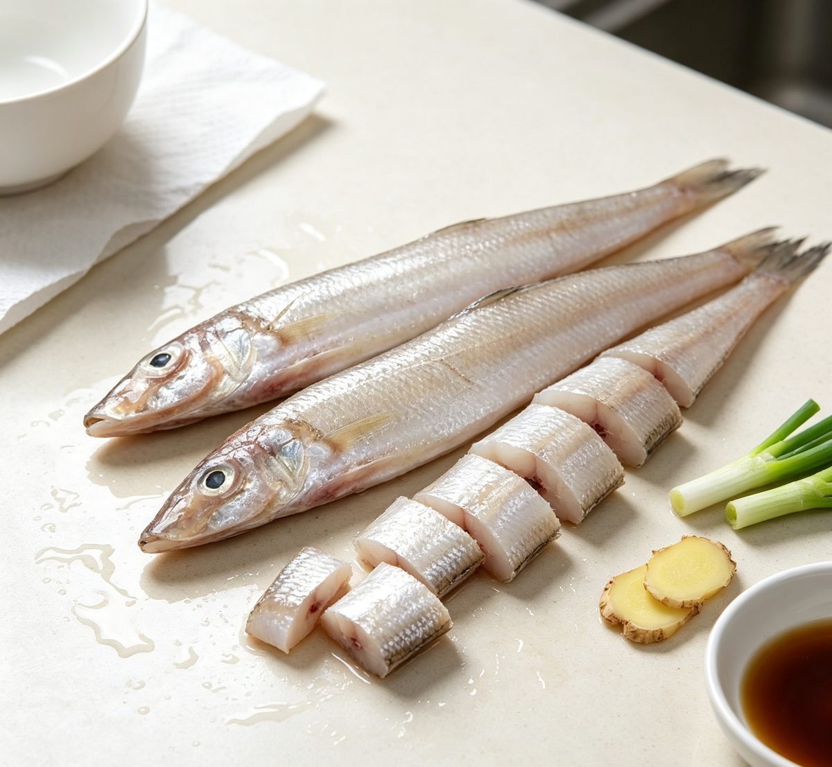 Whole silver sardines with ginger and spring onion