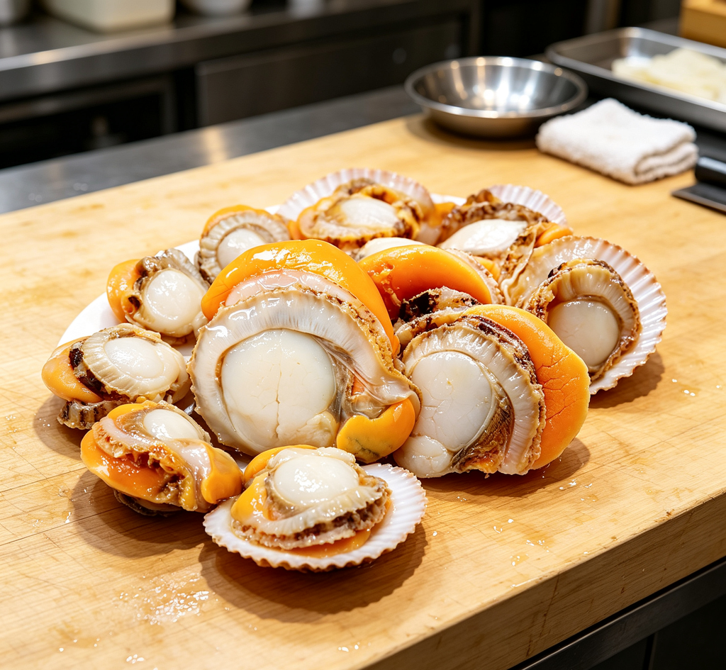 Fresh scallops with orange roe, plated