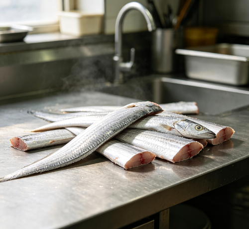 Fresh whole and sliced silver ribbonfish